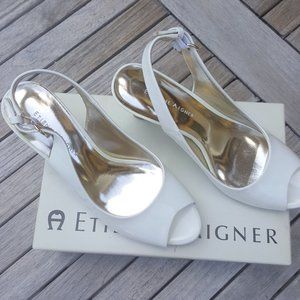 Etienne Aigner White Patent Open Toe Sling Backs
